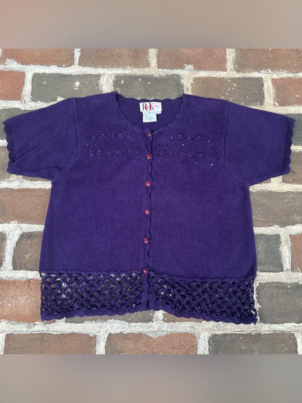 Vintage 90s plum purple knit short sleeve cardigan sweater top crochet sequins M